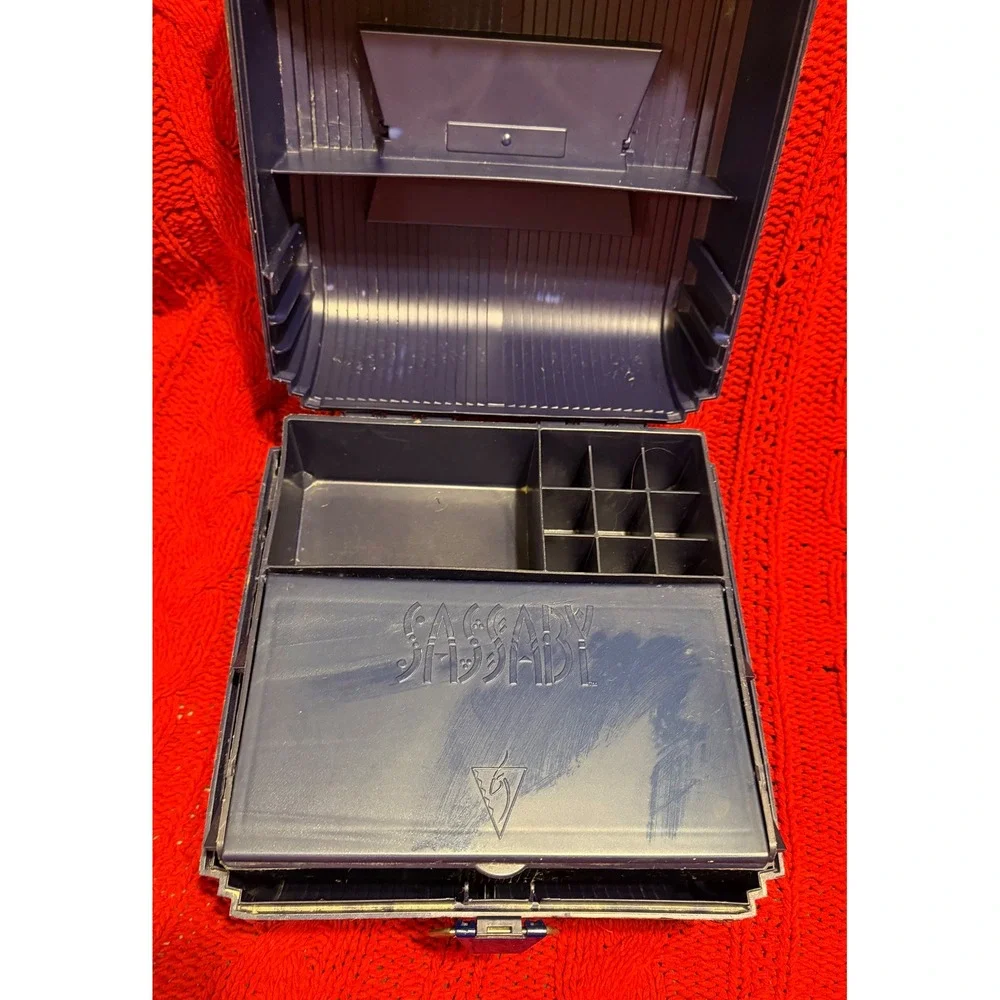 Vintage Sassaby Makeup Organizer Box Floral Navy Blue 90s Vanity Case Mirror